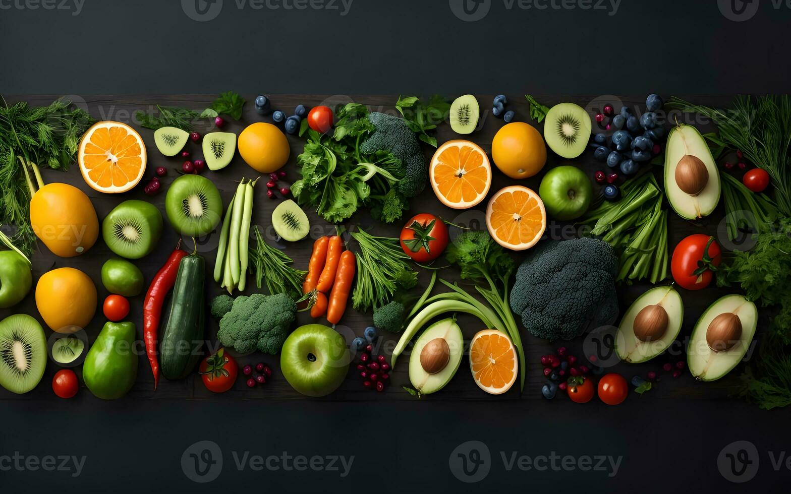 flay lay fruits and vegetables with dark background ai generated photo