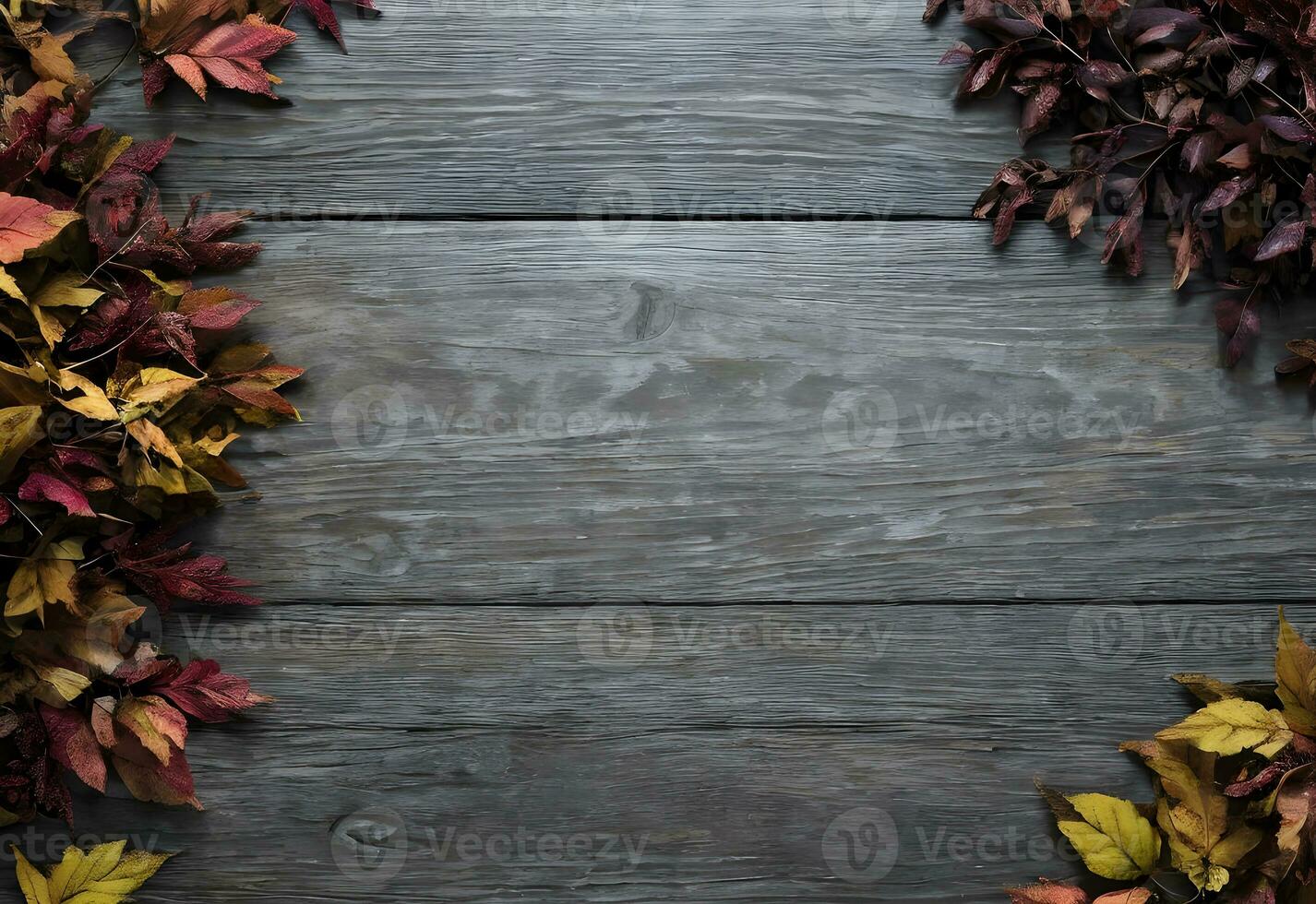 autumn leaves flat lay with copy space in wooden board background ai generated photo