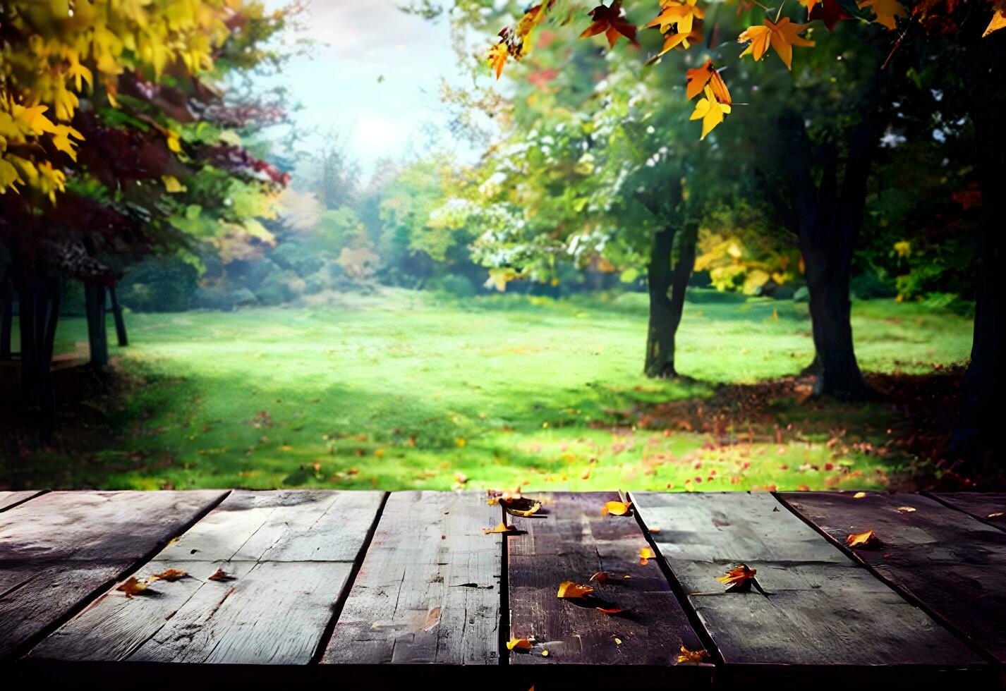 empty table mockup in autumn garden ai generated photo