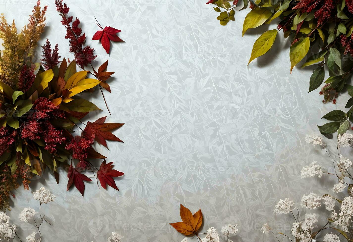 autumn leaves flat lay with copy space in white background ai generated photo