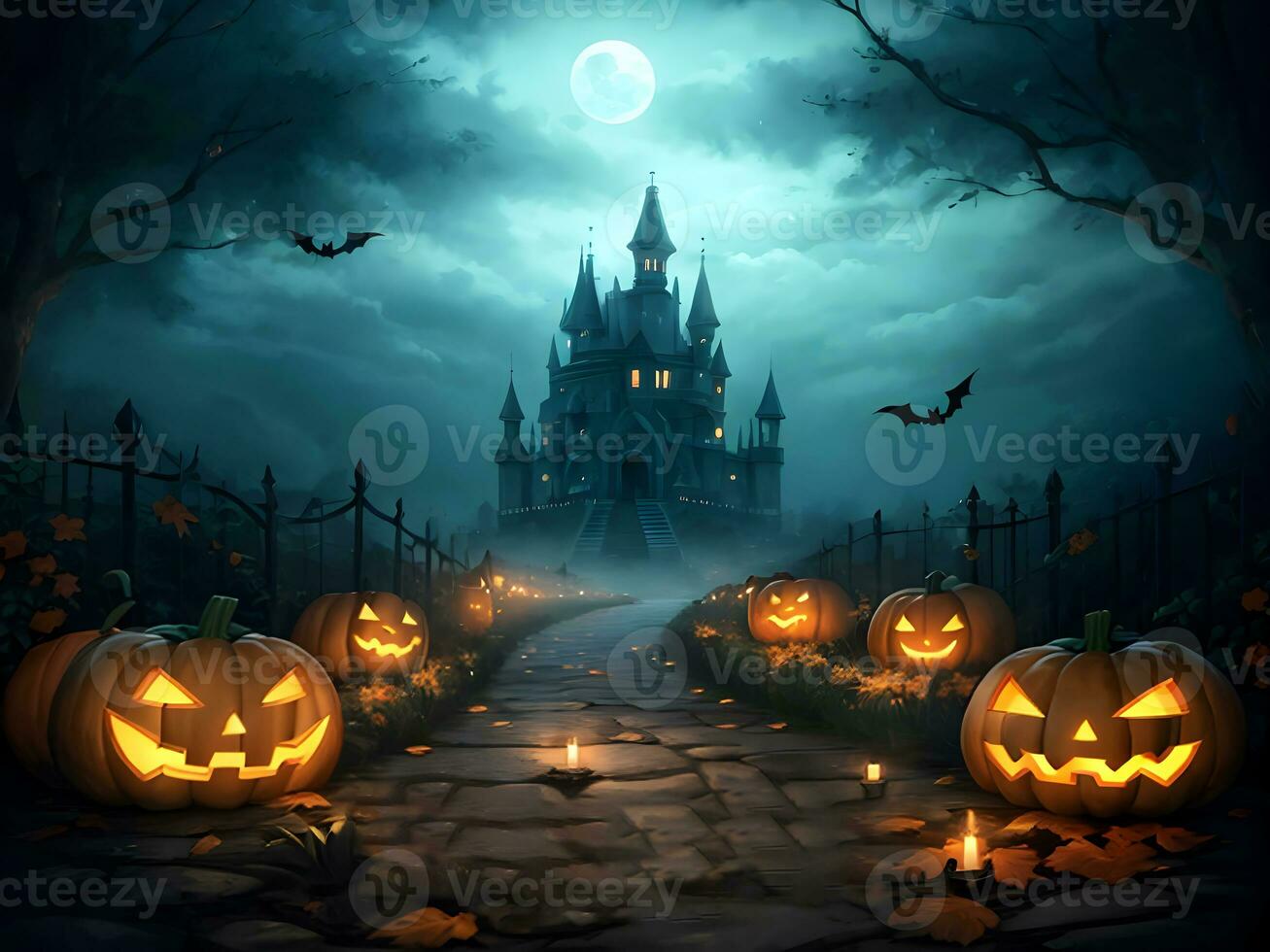 halloween path with pumpkin and castle background ai generated photo