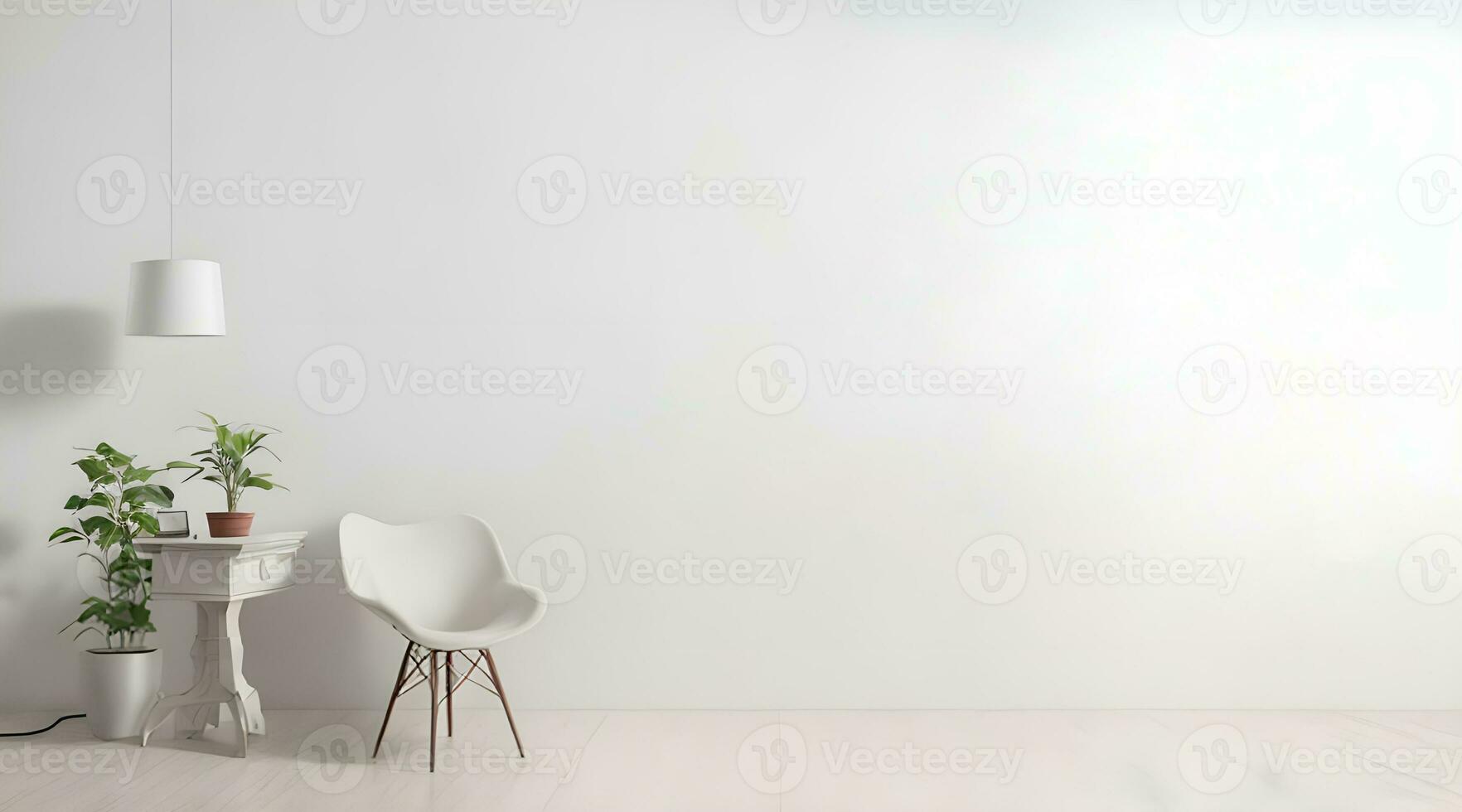 silla ,lámpara, y verde planta interior con sencillo blanco Copiar espacio antecedentes ai generado foto