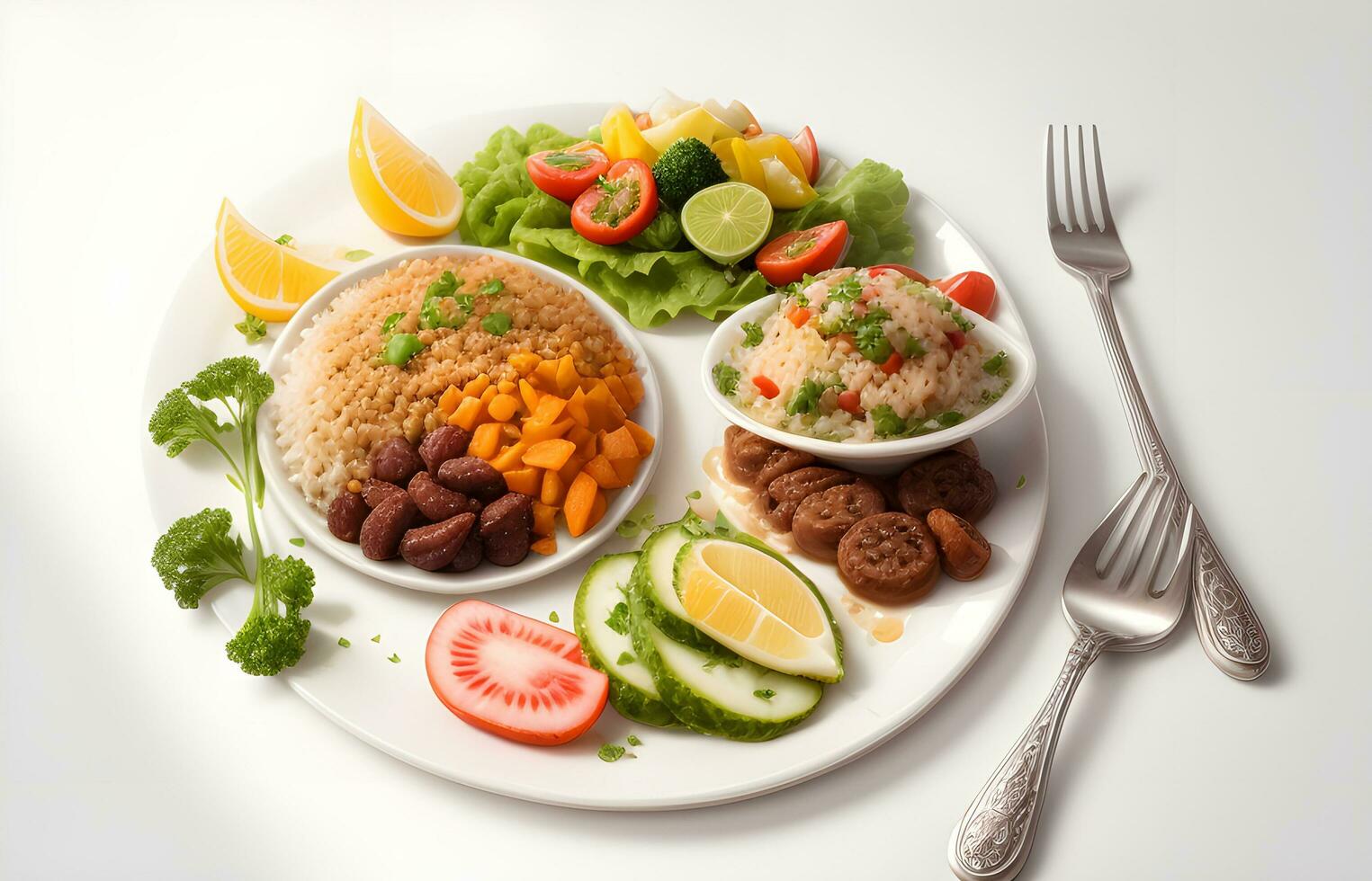 a plate of healthy portion meal in white background ai generated photo