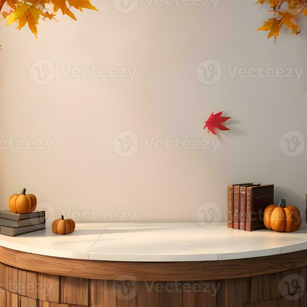 wooden table mockup with autumn background ai generated photo