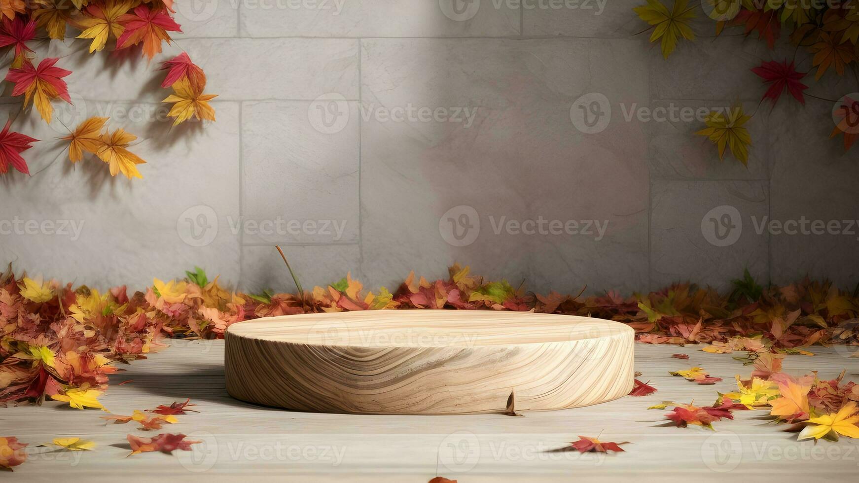 a wooden podium product mockup with autumn scene background ai generated photo