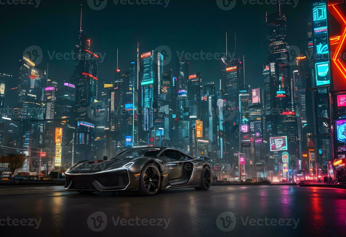 black supercar in colorful city lights ai generated photo