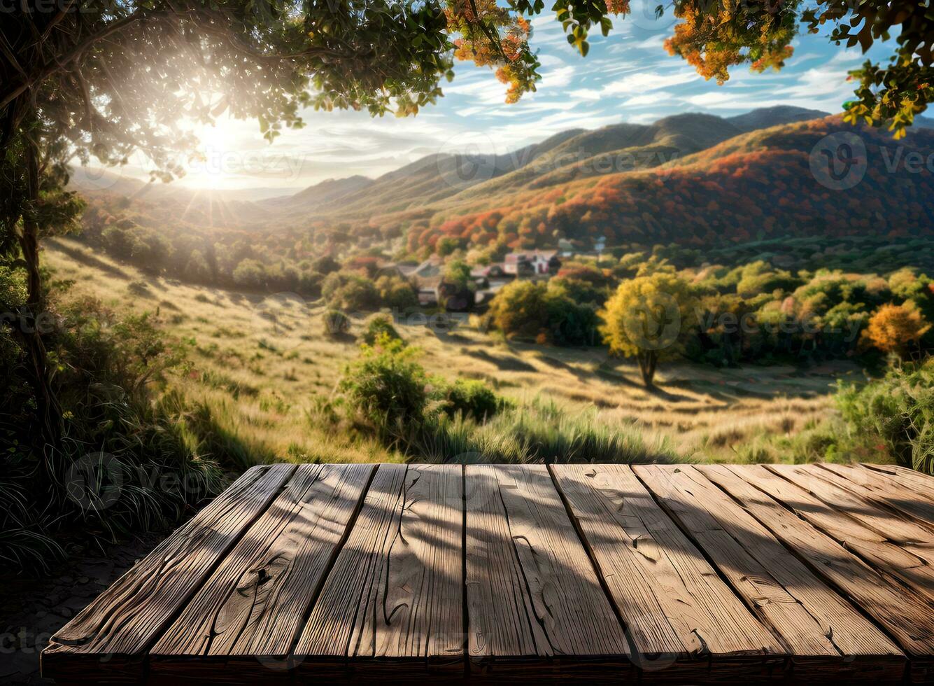empty table mockup with autumn landscape background ai generated photo