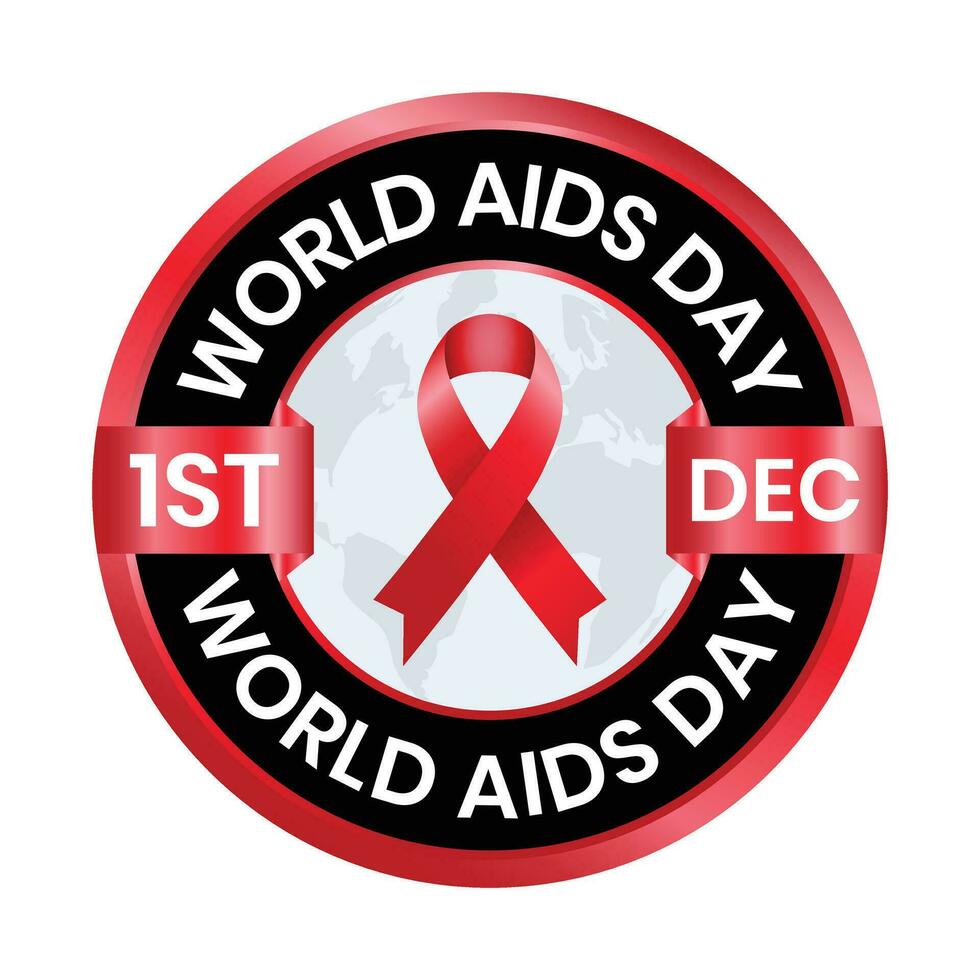 World AIDS Day Badge With Awareness Ribbon HIV AIDS Banner Design, Emblem, Rubber Stamp, T Shirt, Acquired Immune Deficiency Syndrome Or AIDS Is Observed On December 1 Worldwide Vector Illustration