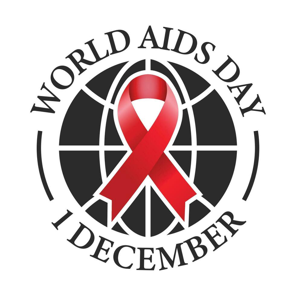 World AIDS Day Badge With Awareness Ribbon HIV AIDS Banner Design, Emblem, Rubber Stamp, T Shirt, Acquired Immune Deficiency Syndrome Or AIDS Is Observed On December 1 Worldwide Vector Illustration