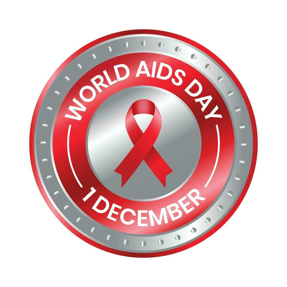 World AIDS Day Badge With Awareness Ribbon HIV AIDS Banner Design, Emblem, Rubber Stamp, T Shirt, Acquired Immune Deficiency Syndrome Or AIDS Is Observed On December 1 Worldwide Vector Illustration