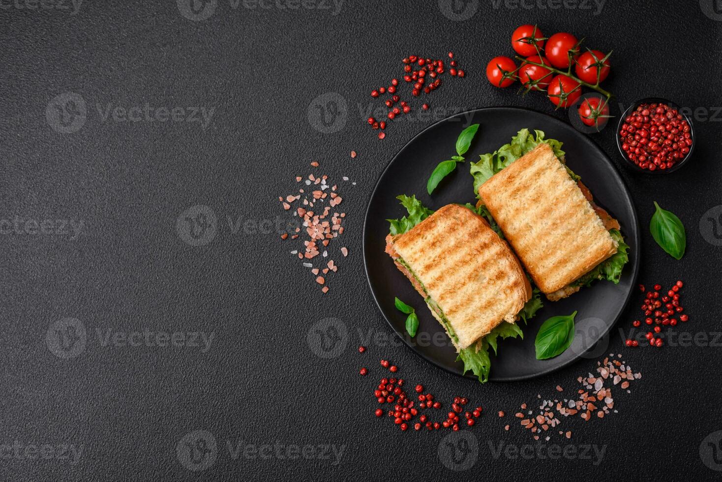 delicioso crujiente emparedado con tostada, salmón, palta, Tomates, sal, especias y hierbas foto