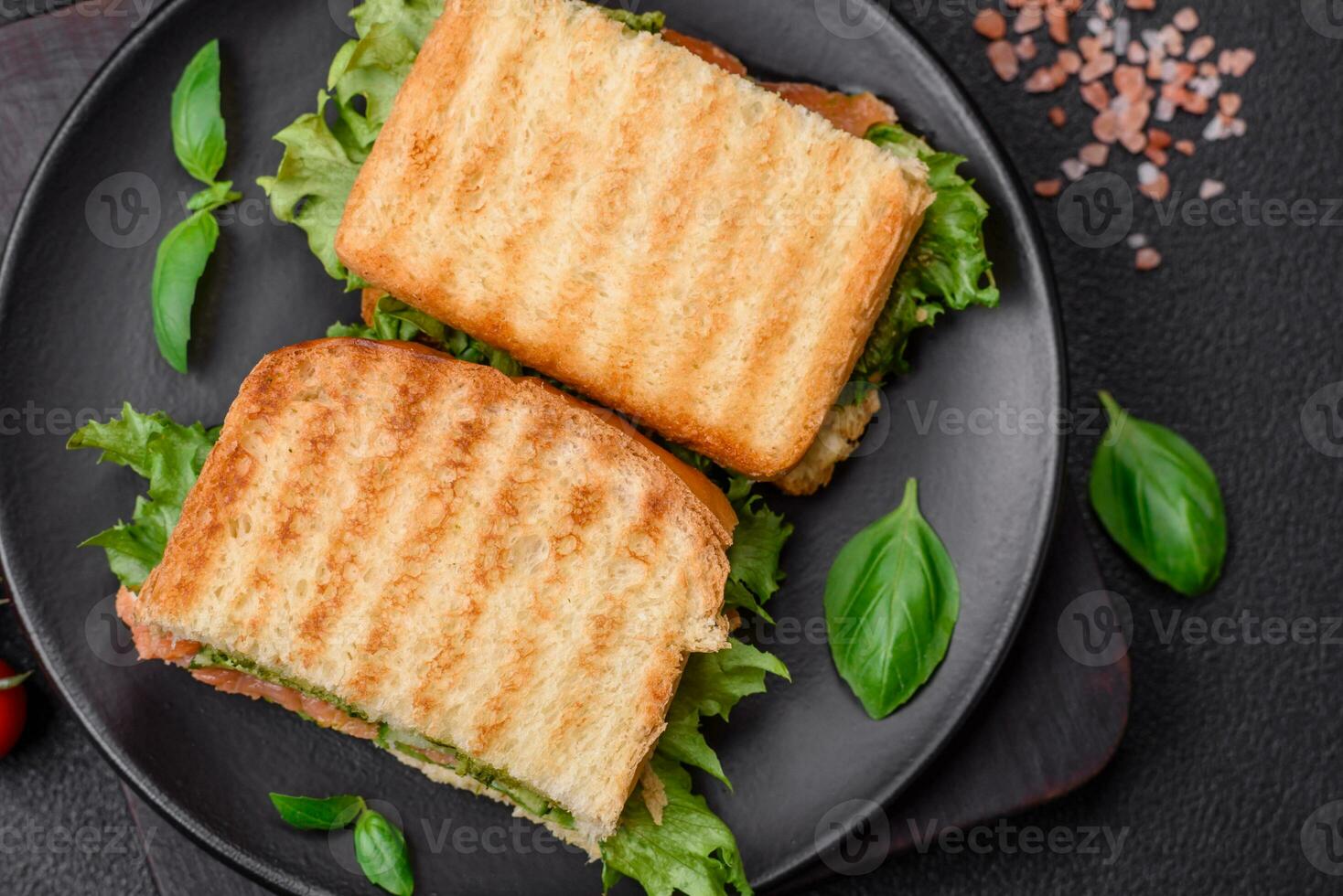 delicioso crujiente emparedado con tostada, salmón, palta, Tomates, sal, especias y hierbas foto