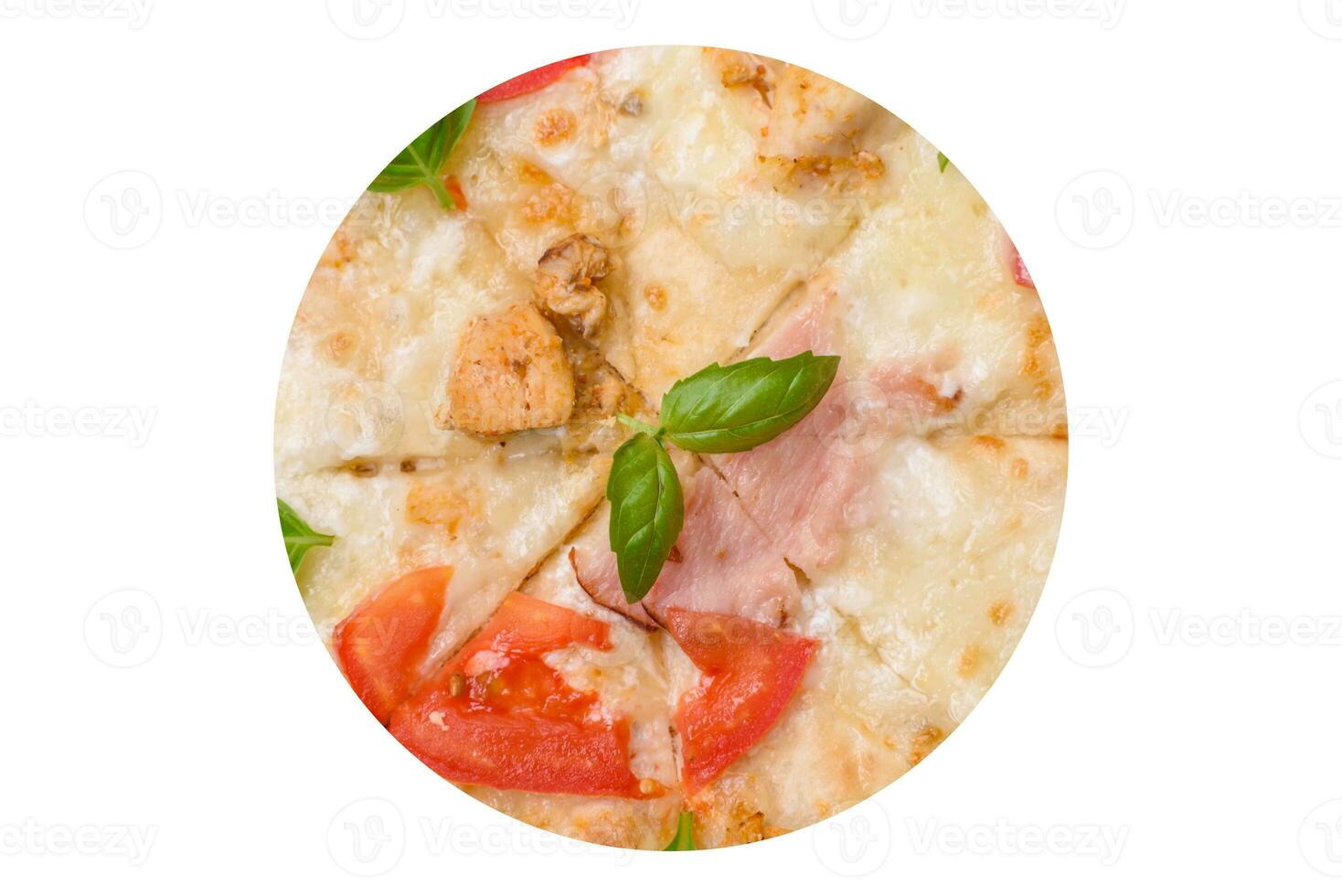 Delicious hot pizza with chicken, tomatoes, cheese and bacon, with salt and spices photo