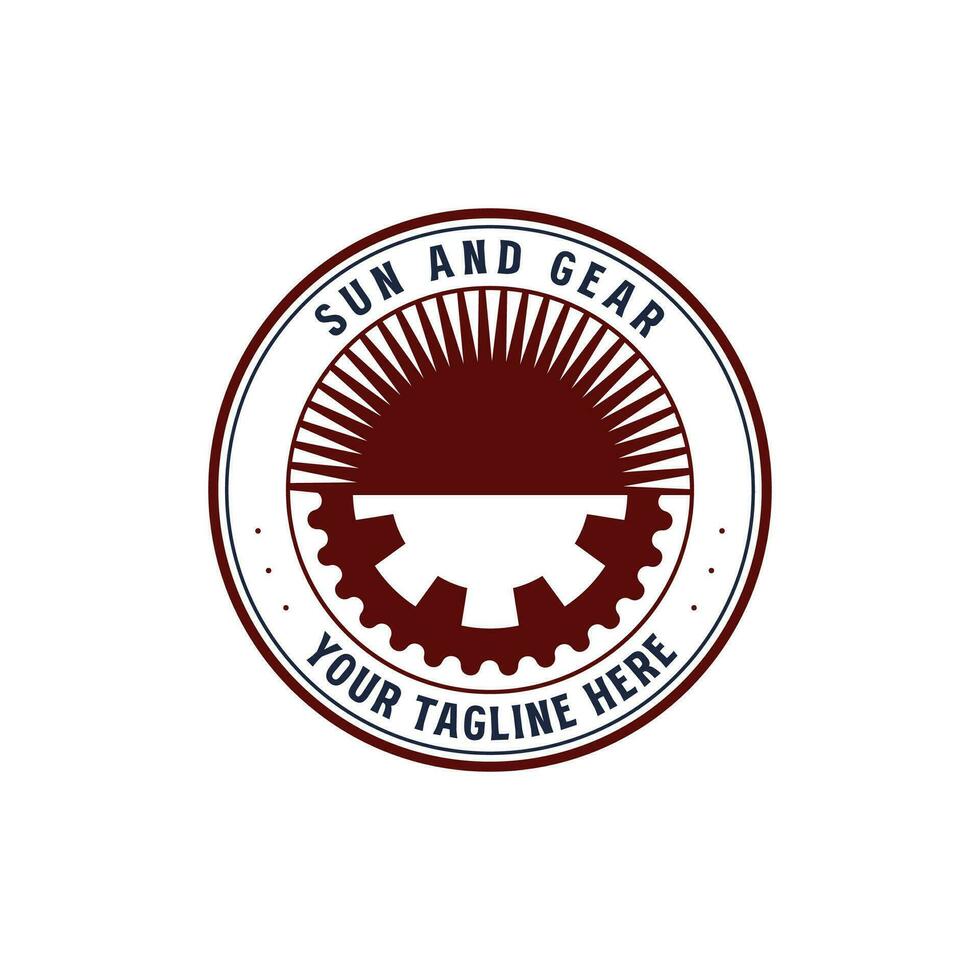 Clásico retro Dom amanecer con máquina motor engranaje diente Insignia emblema etiqueta sello logo diseño vector