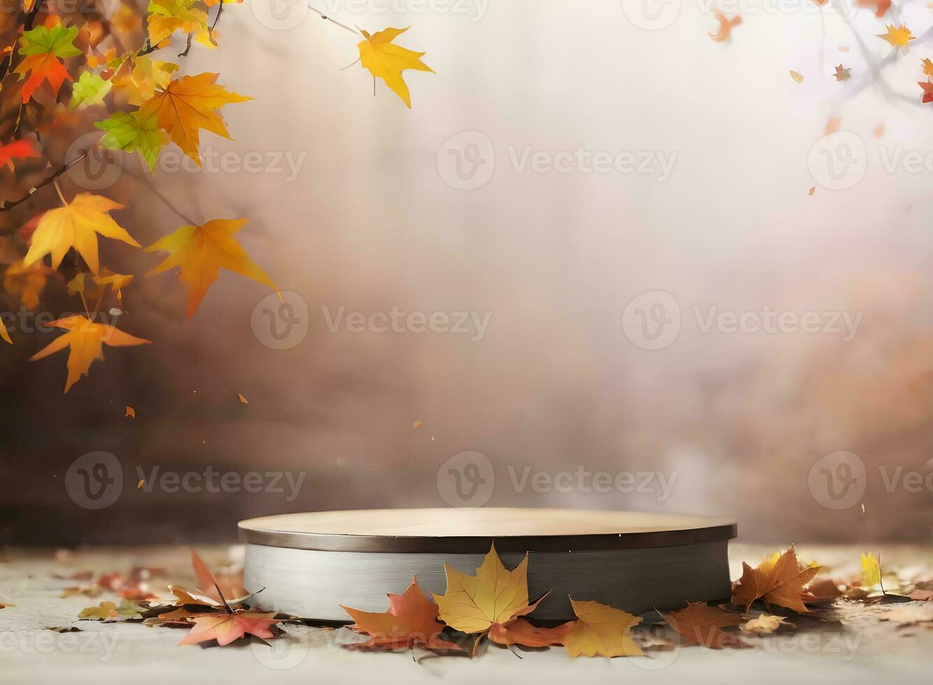 wooden board podium product display mockup with autumn leaves ai generated photo