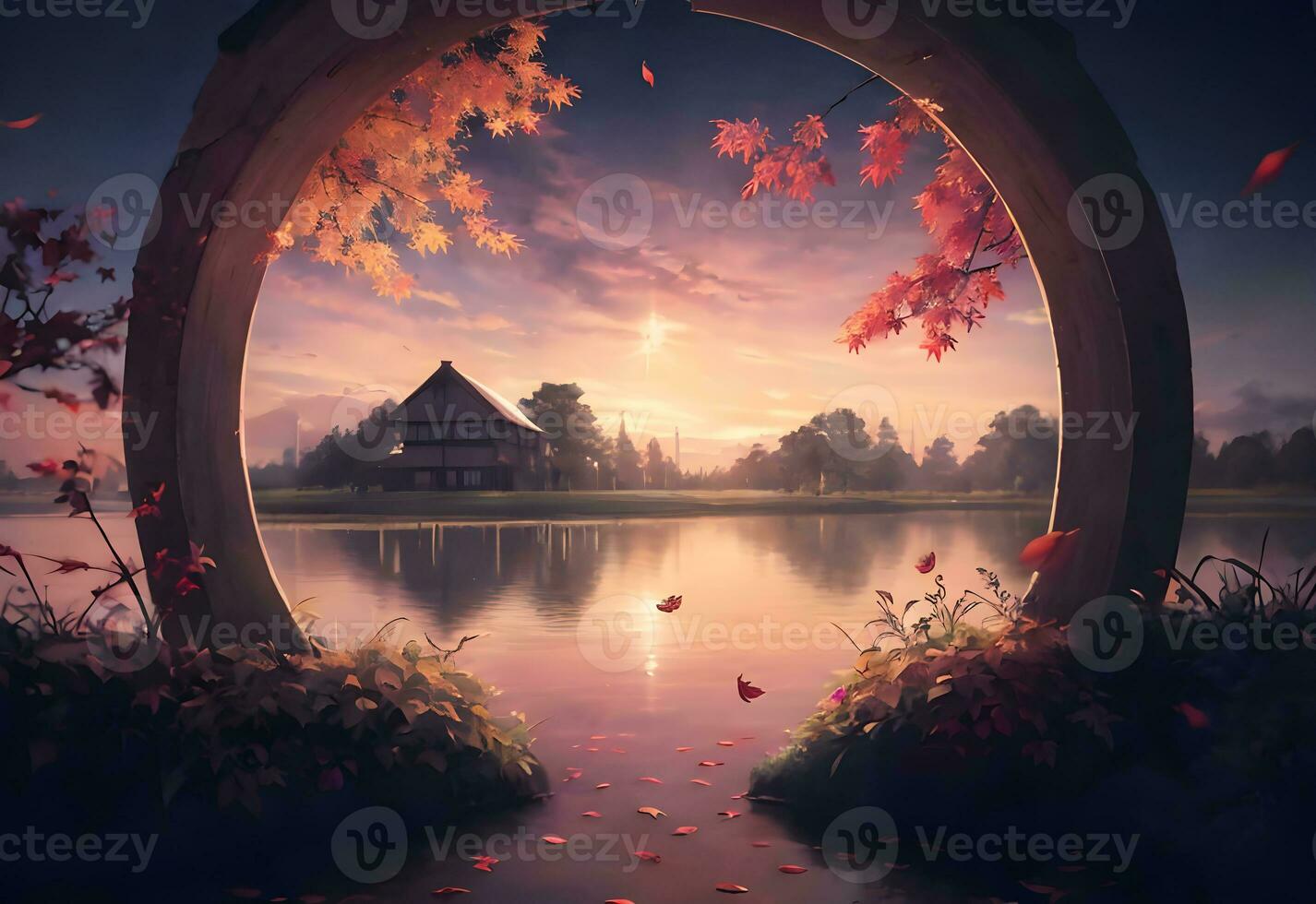 autumn lake with sun set landscape ai generated photo