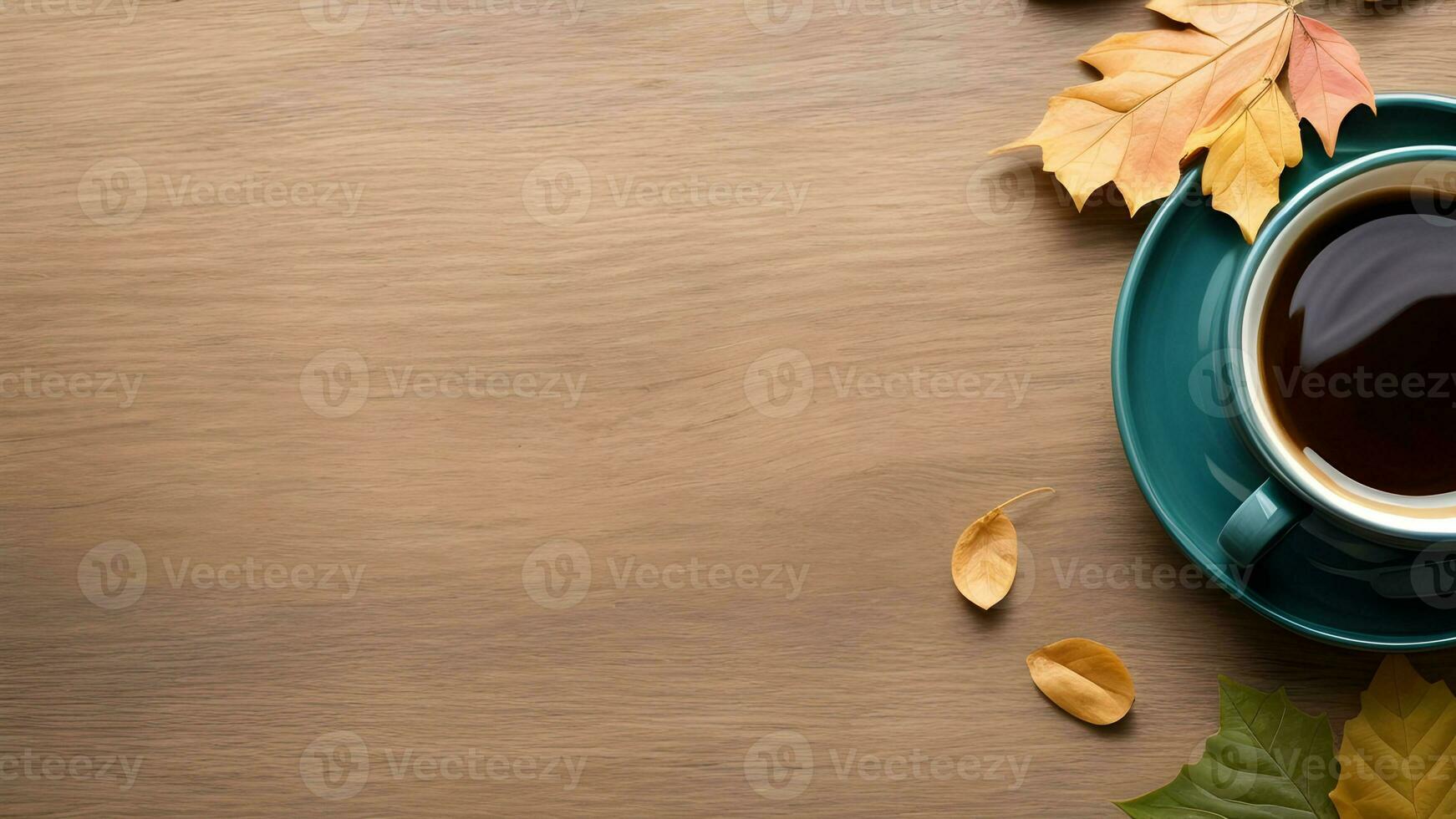 top view of coffee and autumn leaves flat lay with copy space ai generated photo