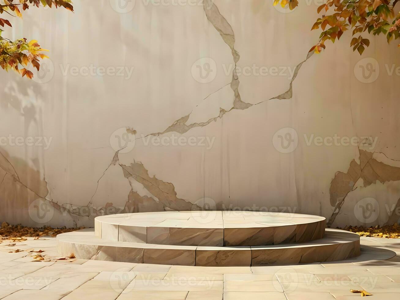 stone podium product mockup display with autumn leaves ai generated photo