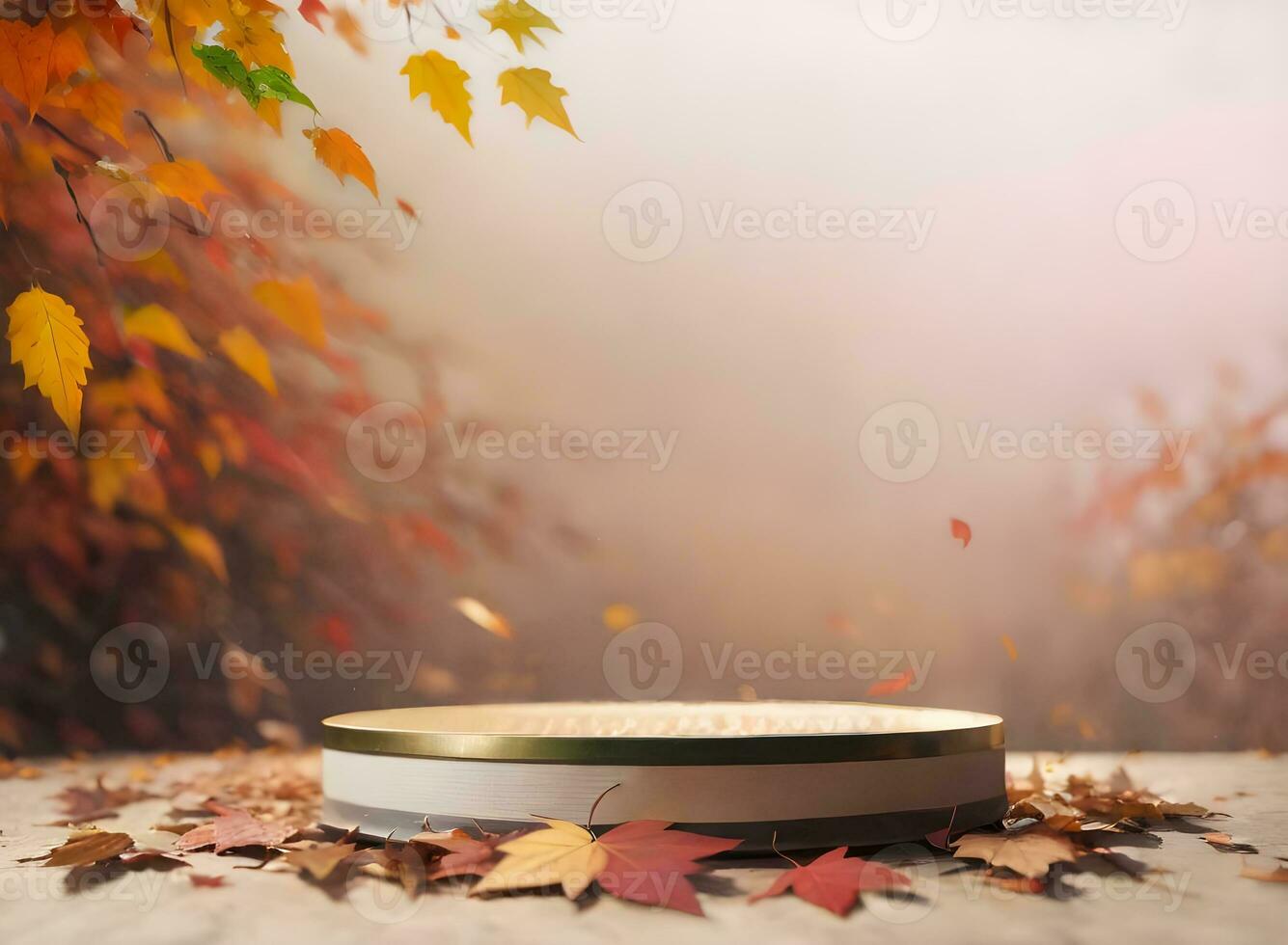 wooden podium product display mockup with autumn scene ai generated photo