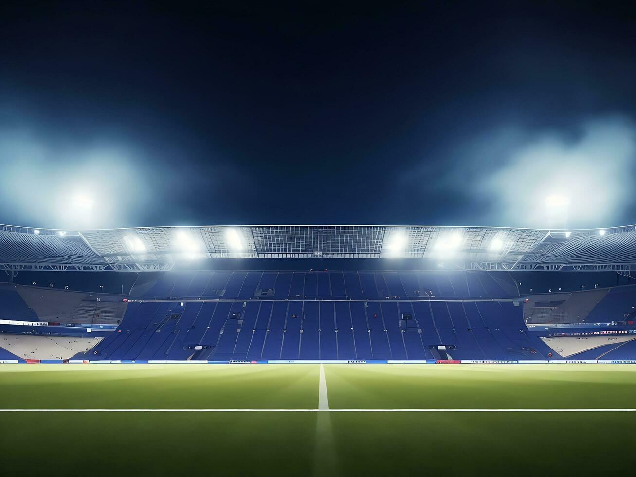 panorámico ver de fútbol americano estadio. vacío noche fútbol campo, nadie, bandera plantilla, Copiar espacio. ai generado foto