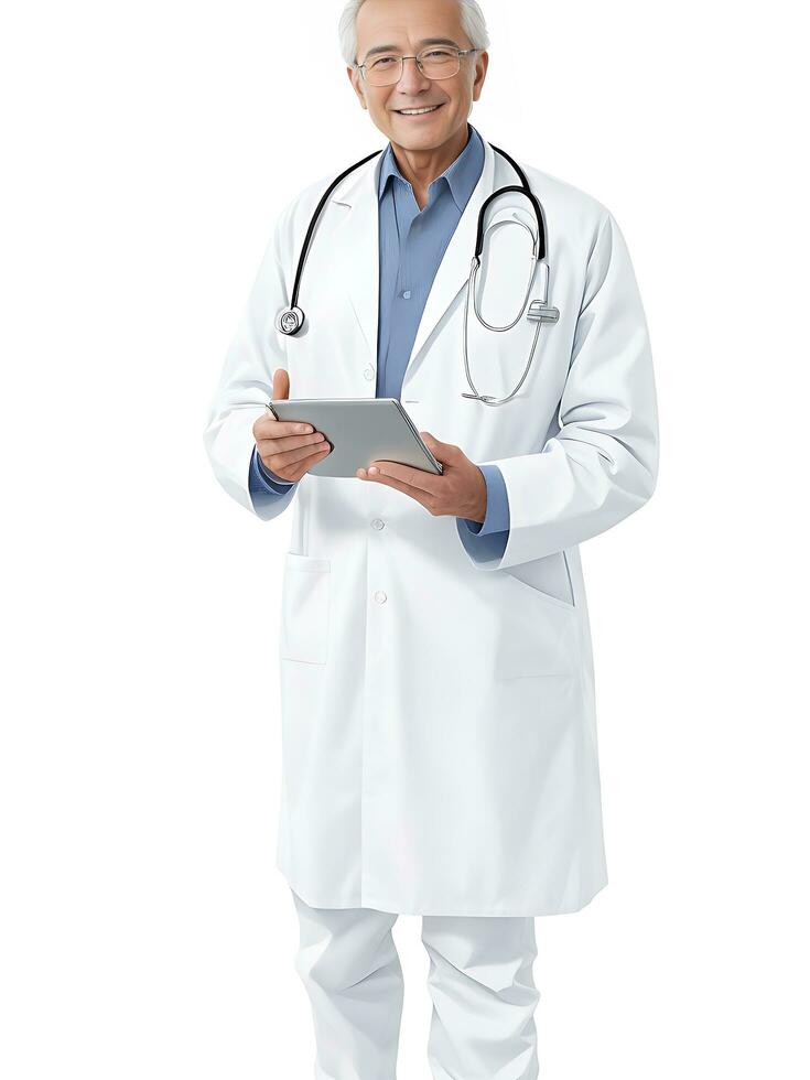 Full length portrait of doctor, general practitioner, physician, medical professional working on tablet on white, ai generated photo