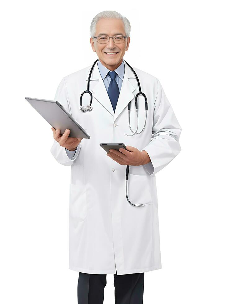 Full length portrait of doctor, general practitioner, physician, medical professional working on tablet on white, ai generated photo