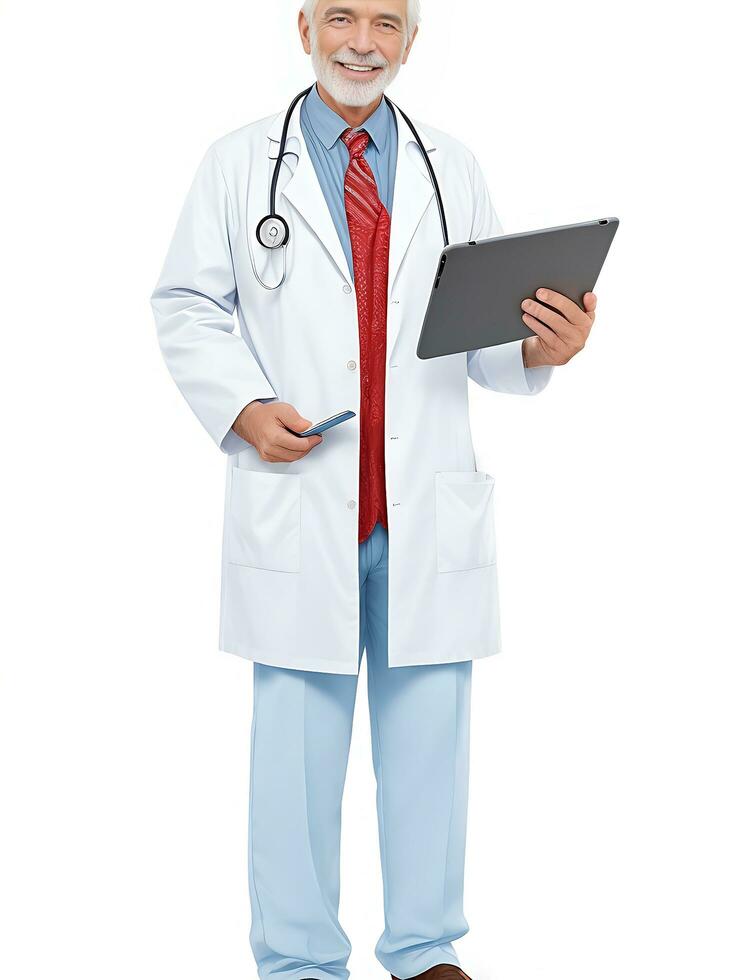 Full length portrait of doctor, general practitioner, physician, medical professional working on tablet on white, ai generated photo