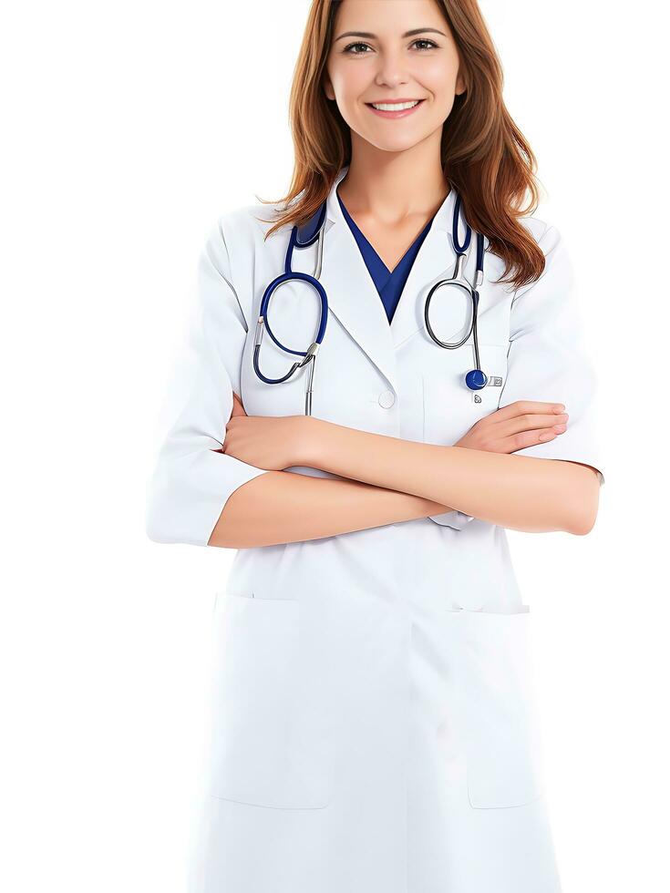 Portrait of a smiling female doctor standing with arms crossed over white background, ai generated photo