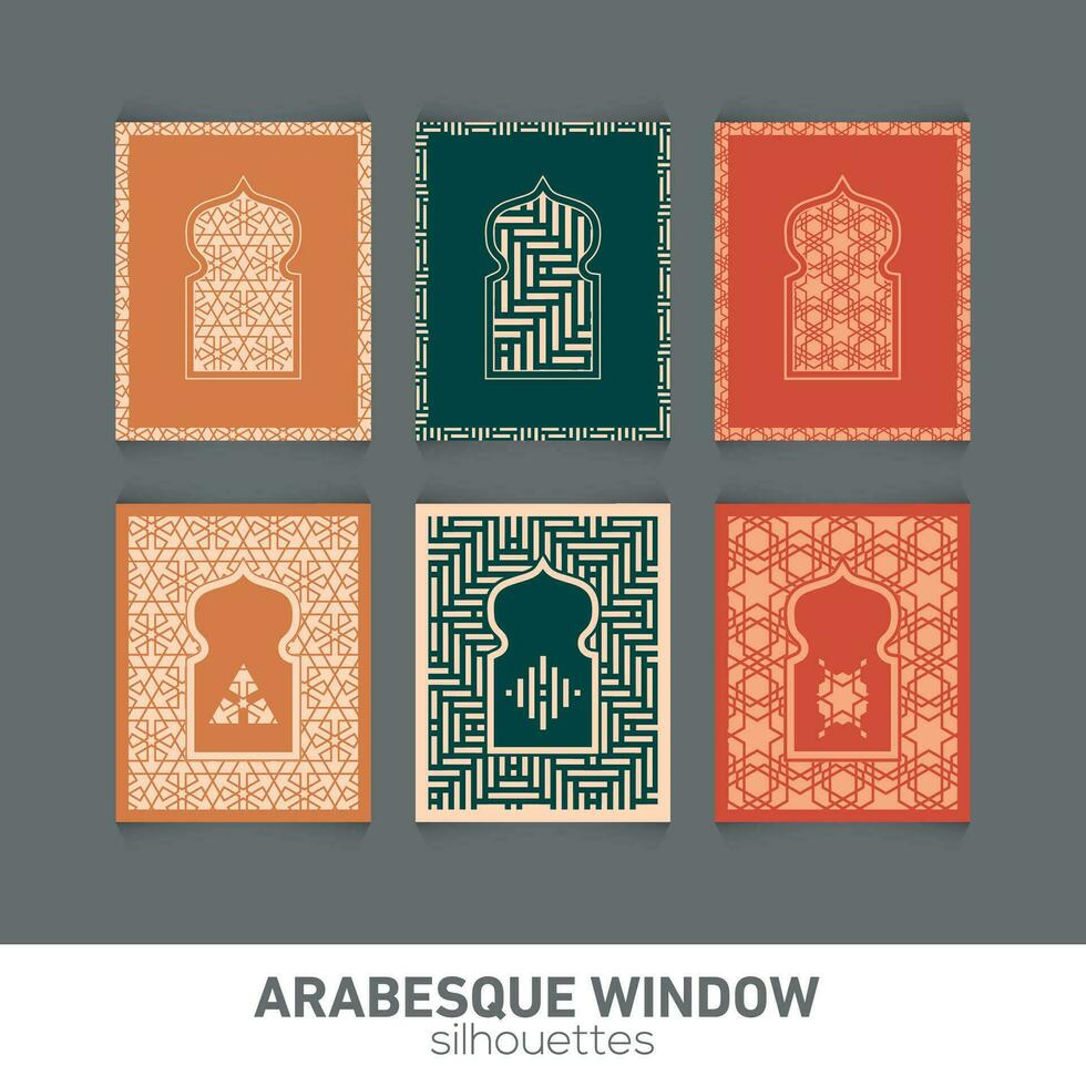 Arabesque window silhouettes. Vector symbol traditional islamic arches. Arabic traditional architecture. Ramadan Kareem design element. Geometric Ornament Arabic Pattern.