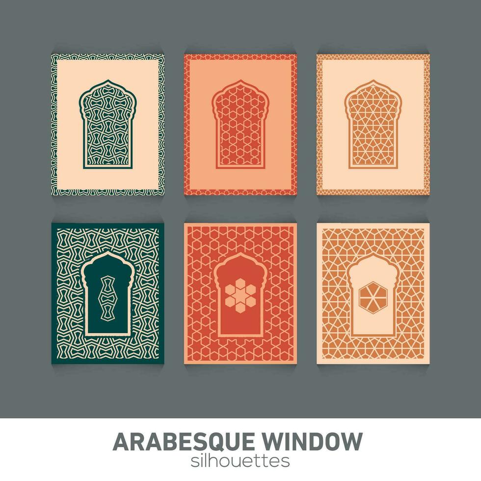 Arabesque window silhouettes. Vector symbol traditional islamic arches. Arabic traditional architecture. Ramadan Kareem design element. Geometric Ornament Arabic Pattern.