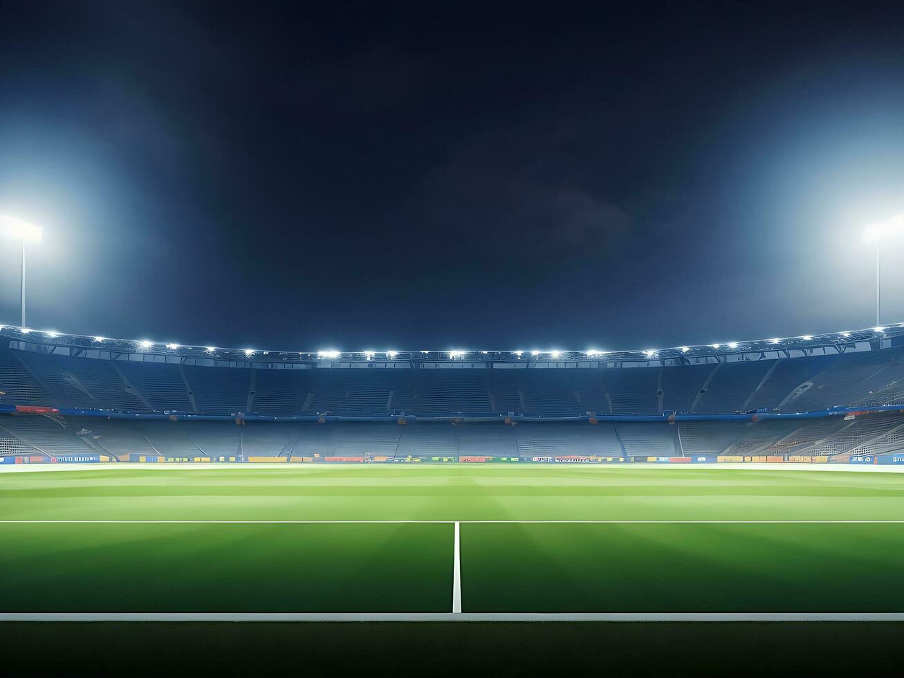 panorámico ver de fútbol americano estadio. vacío noche fútbol campo, nadie, bandera plantilla, Copiar espacio. ai generado foto