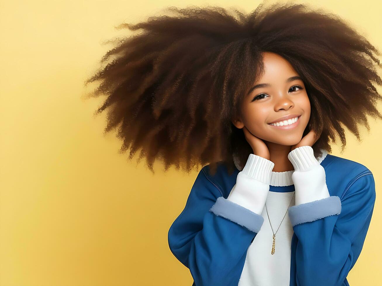 linda despreocupado de apariencia amistosa Adolescente niña con afro peinado sonriente en general con tímido, ai generado foto