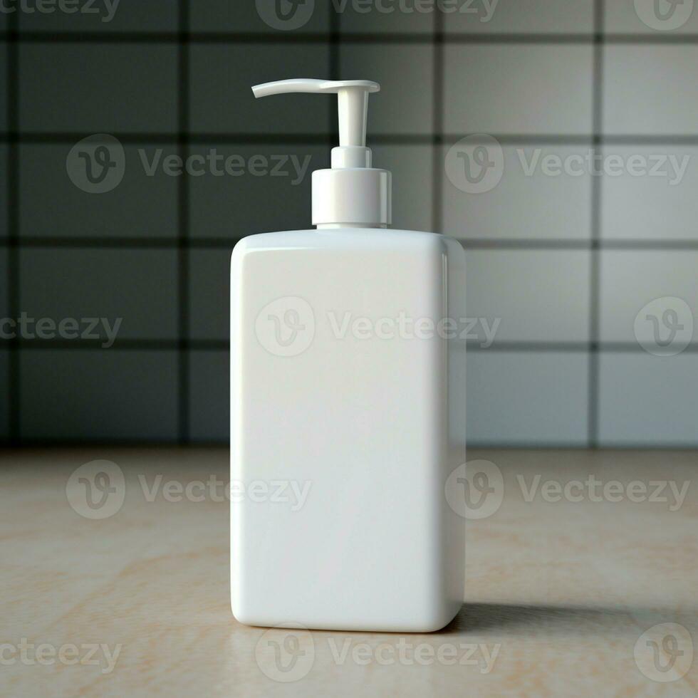 AI generated Soap bottle in blank white color, on the bath room photo