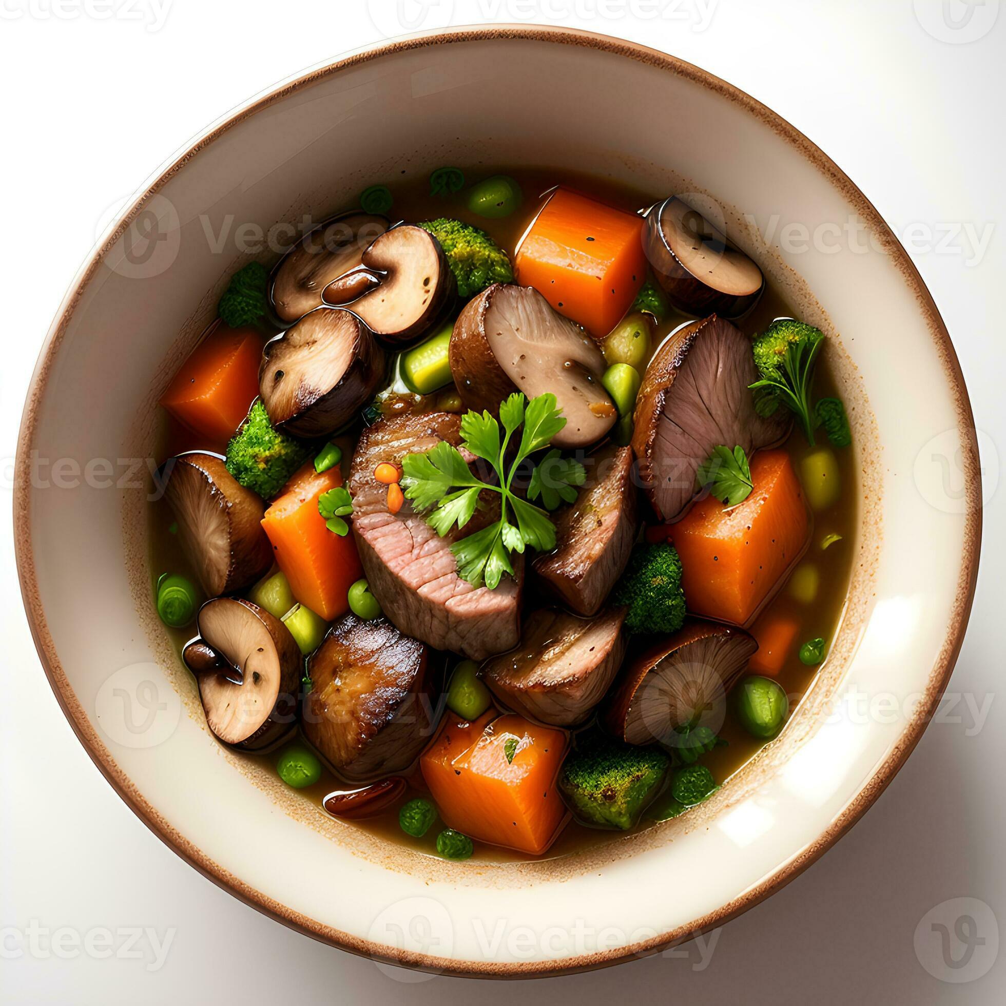 upper view of a bowl rustic beef stew with shiitake mushroom ai