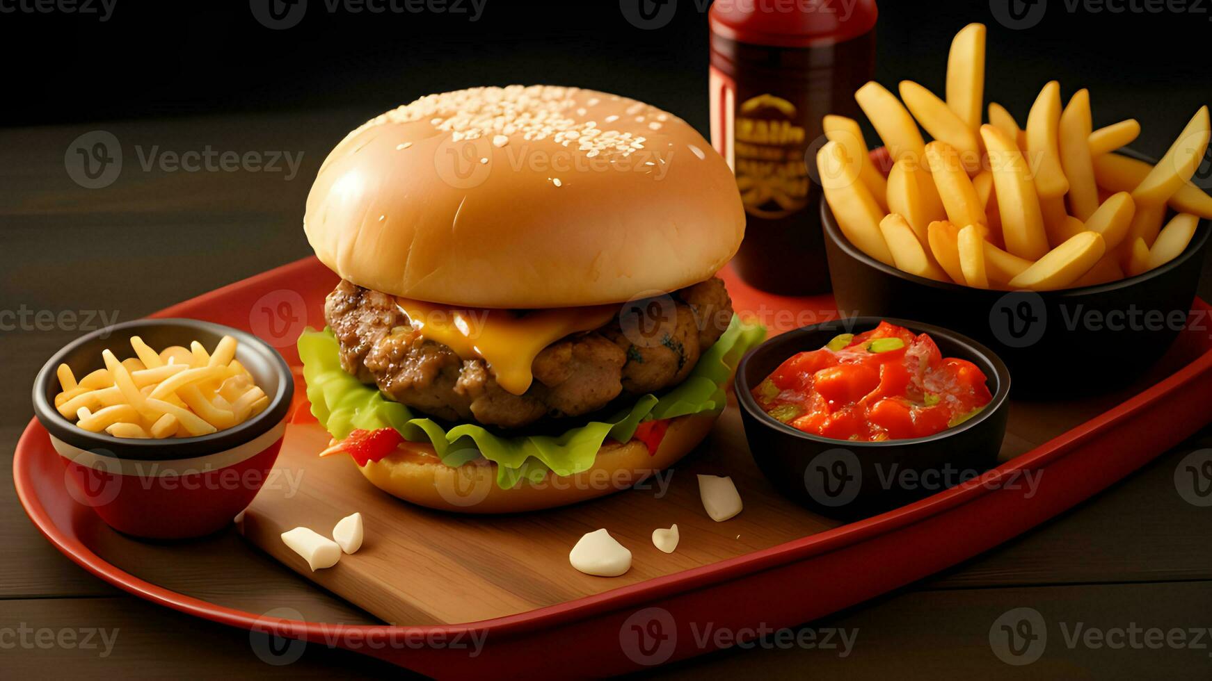Big burger and chips with tomato sauce ai generated photo