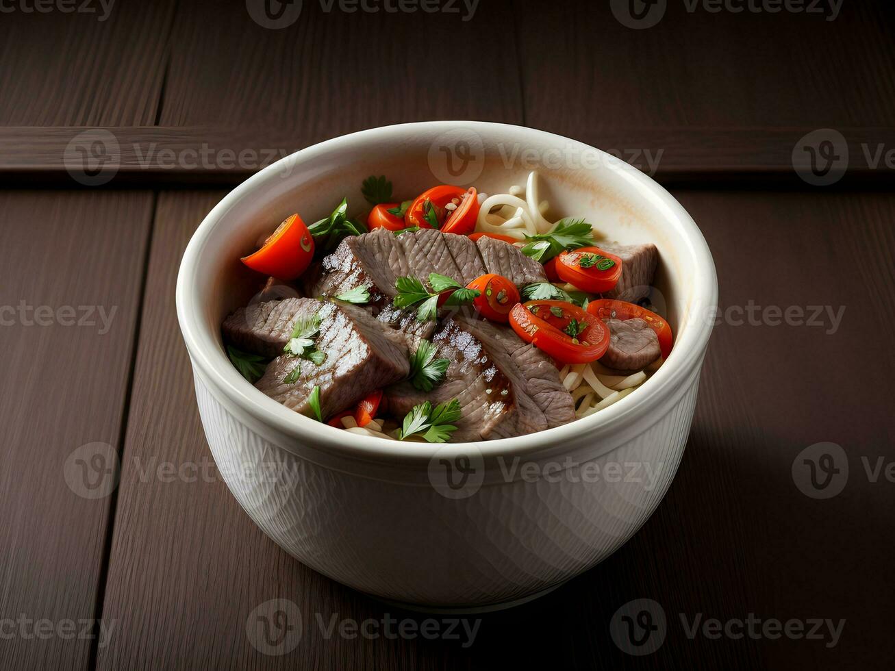 a bowl of noodle with meat ai generated photo