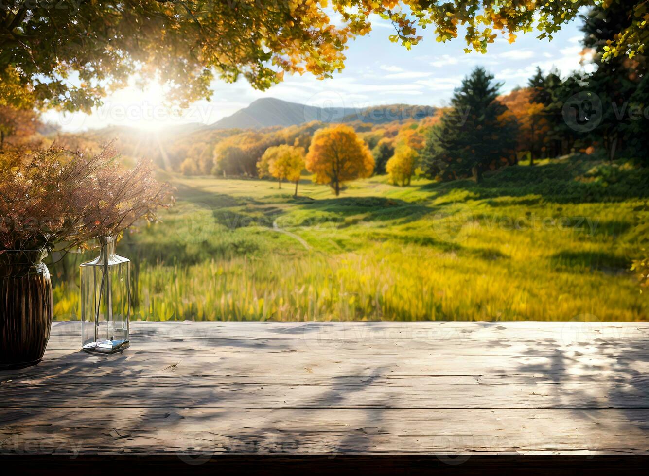 empty table mockup with autumn landscape background ai generated photo