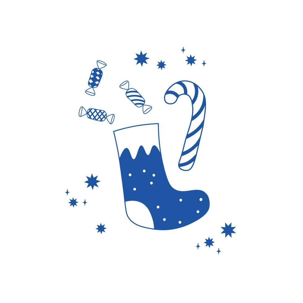 Christmas sock with candies hand drawn vector illustration for Happy New Year greetings. Cute festive composition ornamental background for winter holidays for print, poster, card, paper, Xmas design