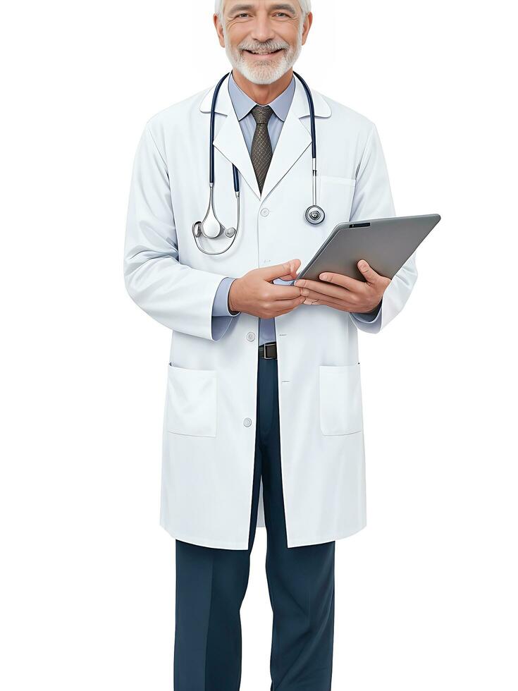 Full length portrait of doctor, general practitioner, physician, medical professional working on tablet on white, ai generated photo