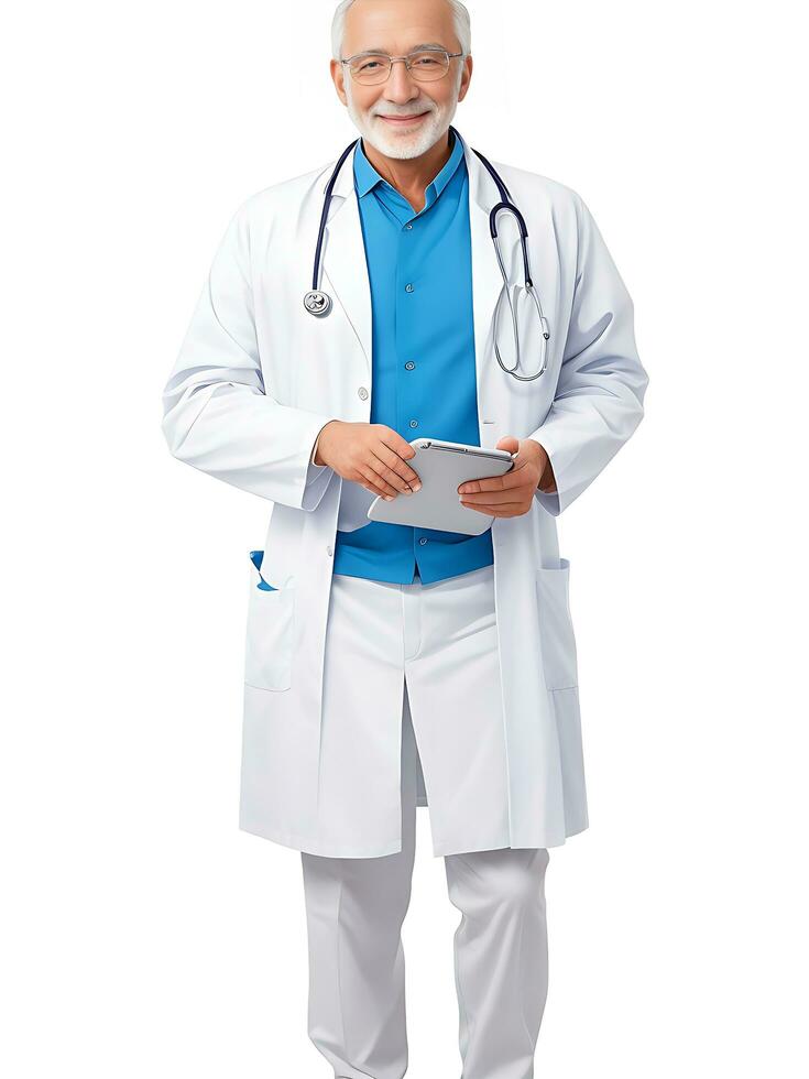 Full length portrait of doctor, general practitioner, physician, medical professional working on tablet on white, ai generated photo