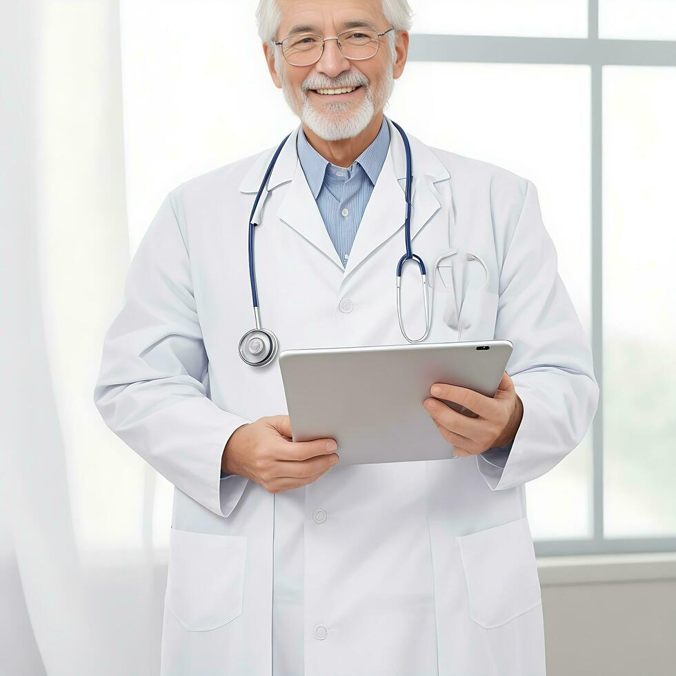 Full length portrait of doctor, general practitioner, physician, medical professional working on tablet on white, ai generated photo