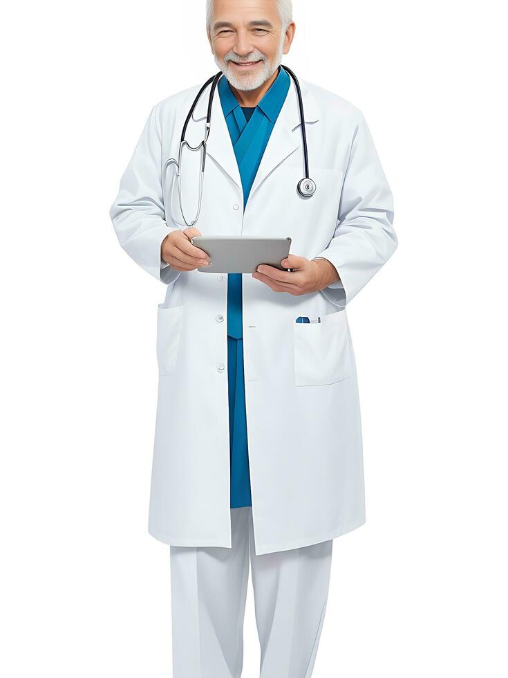 Full length portrait of doctor, general practitioner, physician, medical professional working on tablet on white, ai generated photo