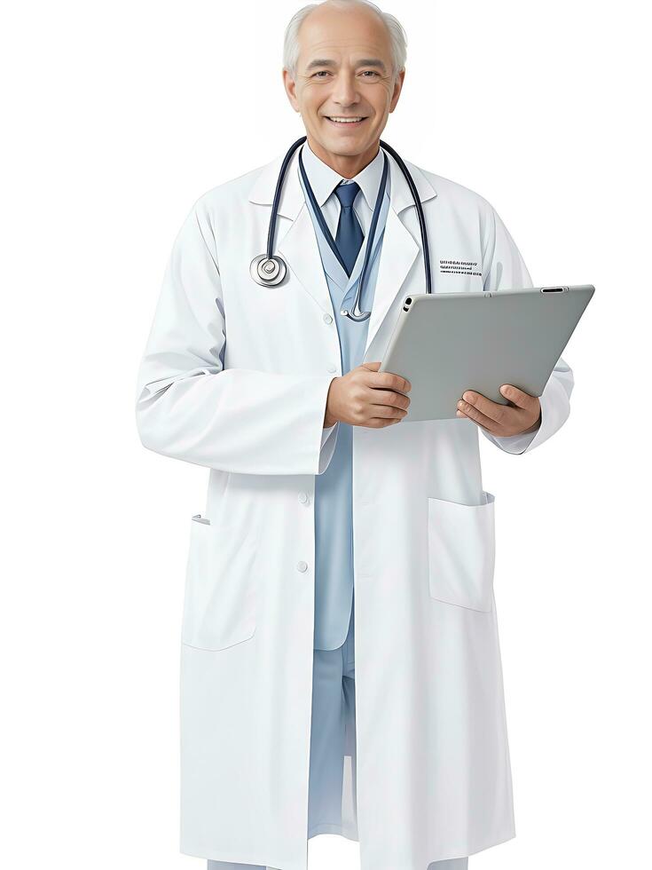 Full length portrait of doctor, general practitioner, physician, medical professional working on tablet on white, ai generated photo