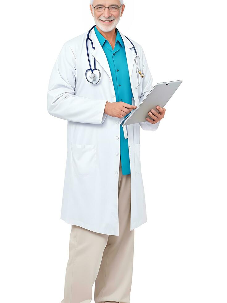 Full length portrait of doctor, general practitioner, physician, medical professional working on tablet on white, ai generated photo