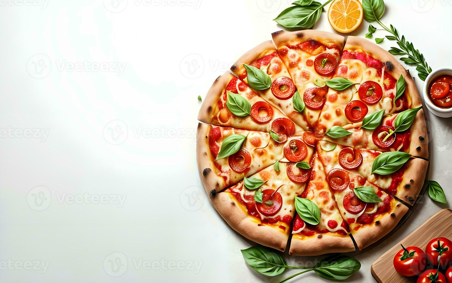 delicious pizza flat lay with copy space ai generated photo