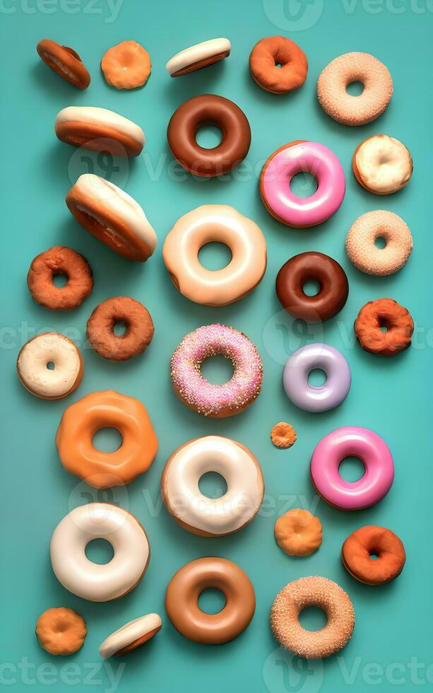 arranged donuts flat lay in pastel background ai generated photo