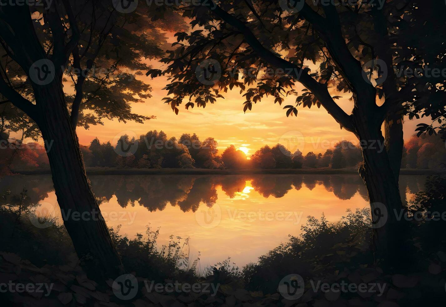 sunset landscape in autumn lake with water reflection ai generated photo