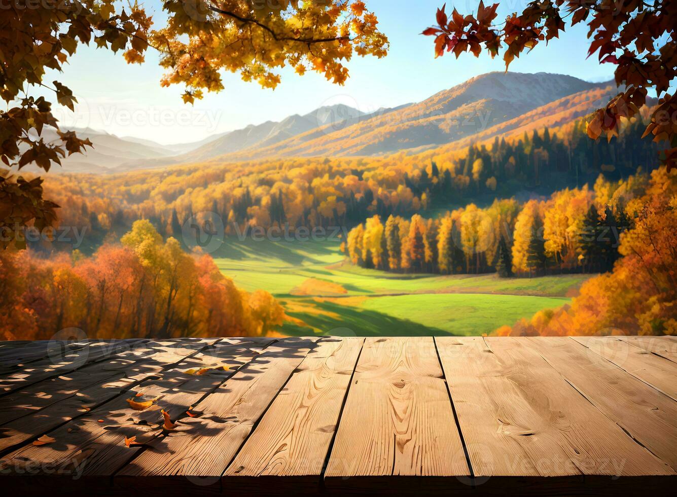 empty wooden table mockup with autumn landscape background ai generated photo