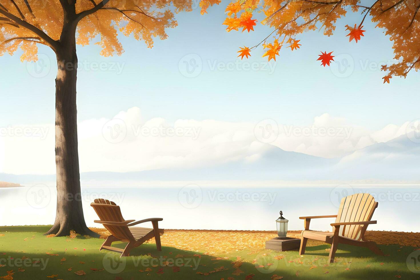wooden chair under maple leaves in autumn with copy space background ai generated photo