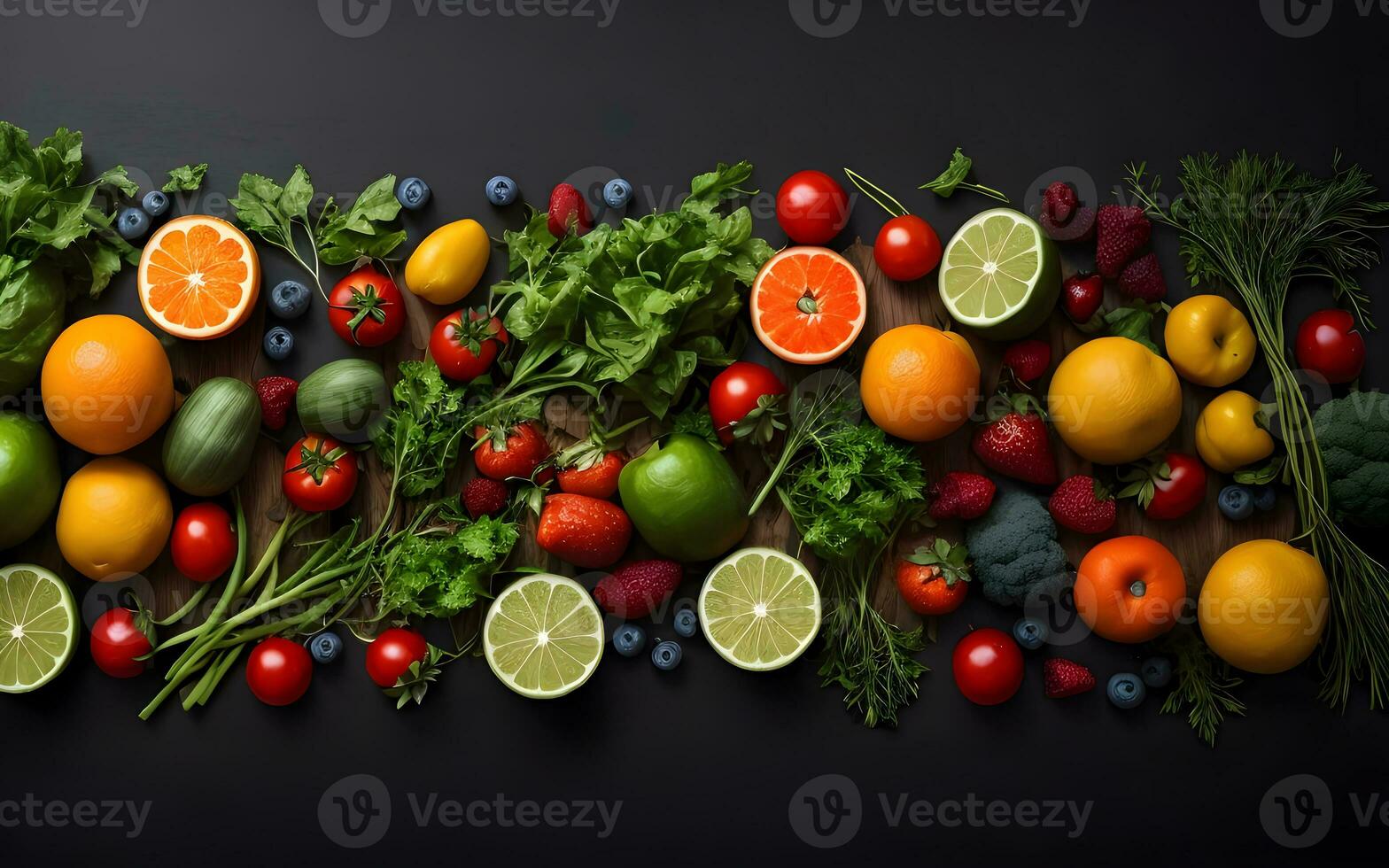 top view fruit and vegetables flat lay in dark background ai generated photo